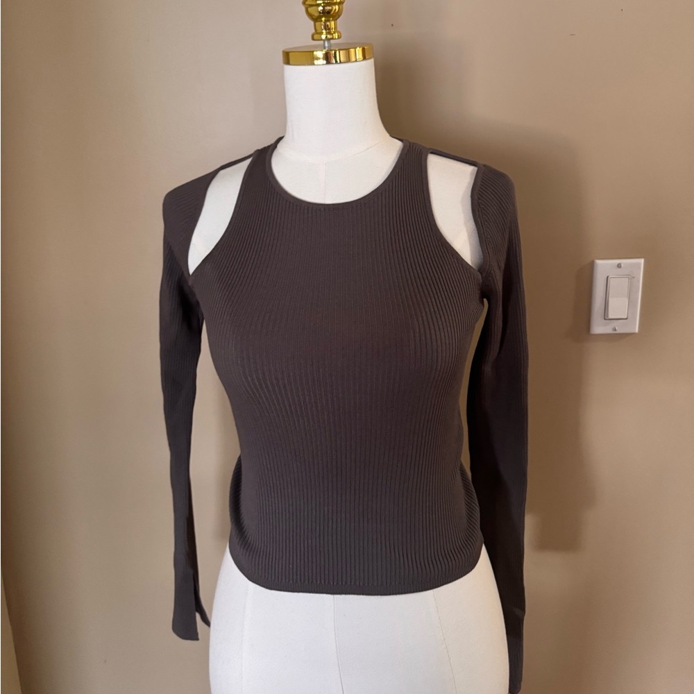 Zara Charcoal Ribbed Cutout Shoulder Long Sleeve Top